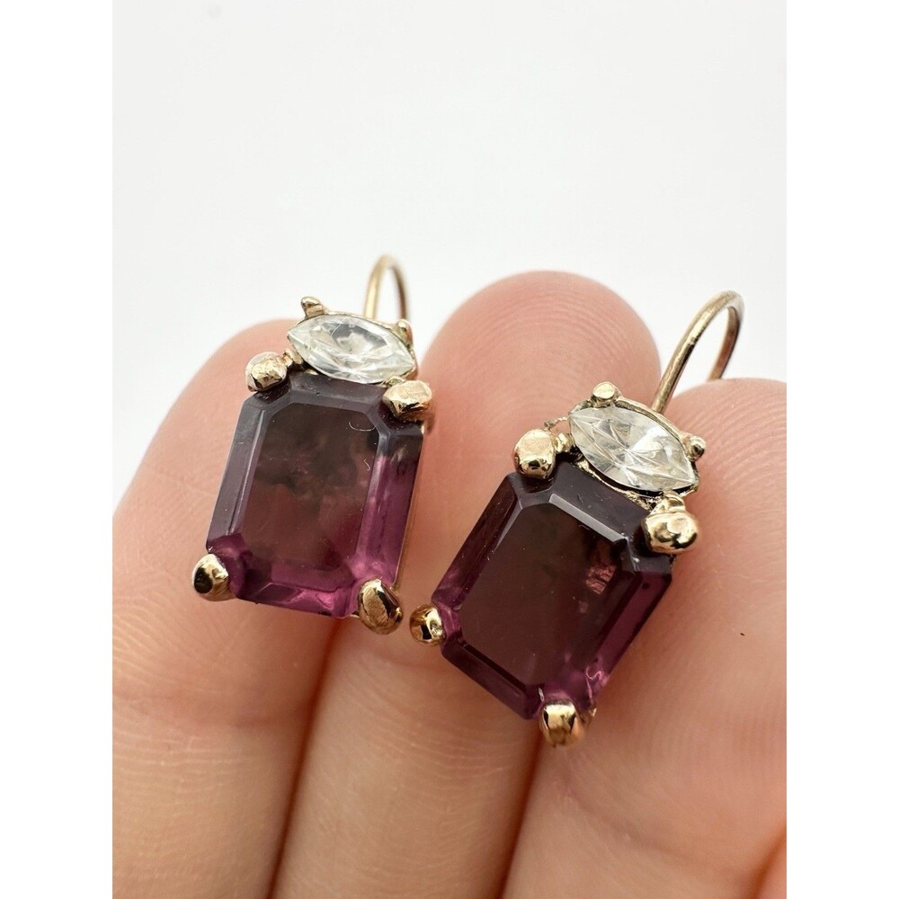 Vintage Gold Plated Purple Crystal Lever Back Earrings